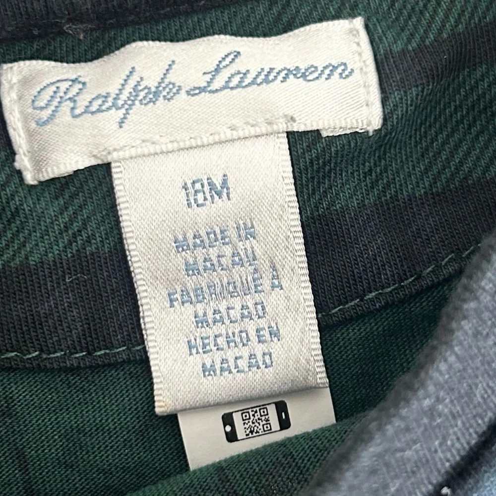 Ralph Lauren Baby 18 Months Kids Black Green Polo Bear Graphic Plaid Cotton Tee